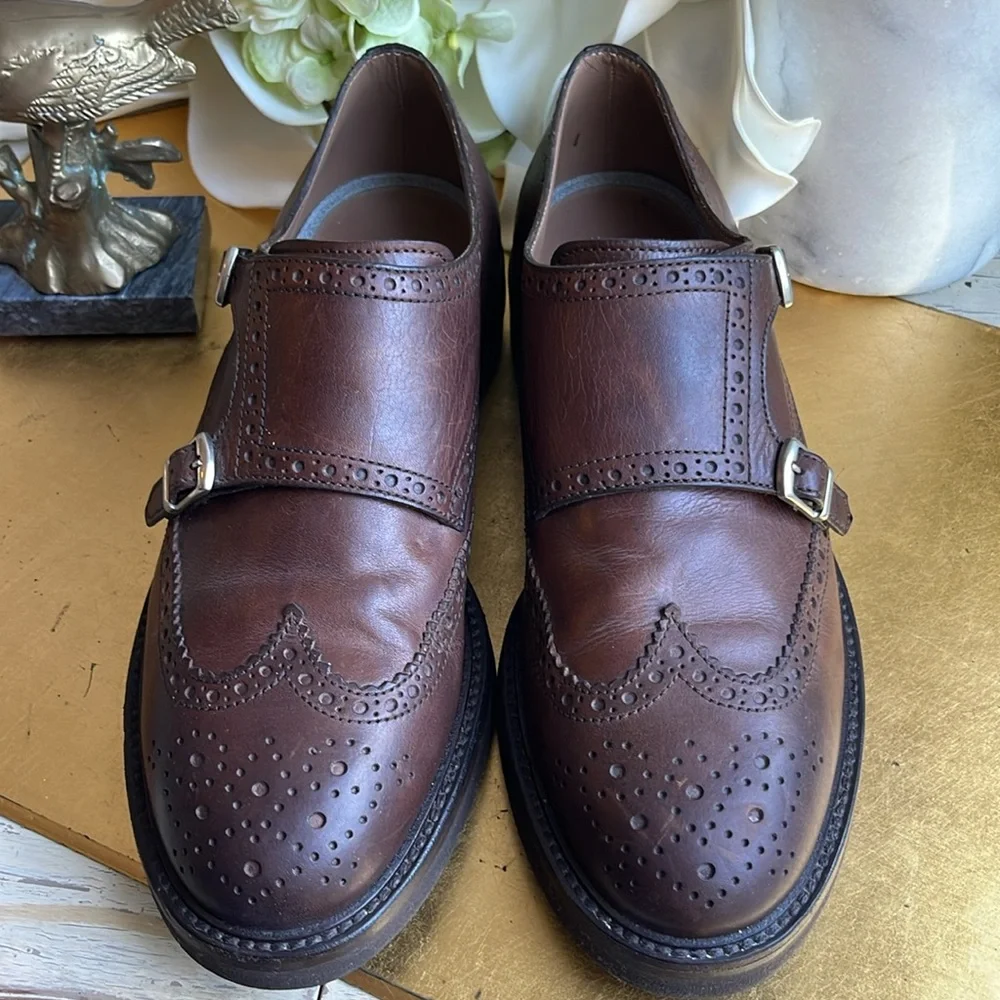 Brunello Cucinelli Brogue Wingtip Double Monk Strap Loafers in Brown Leather